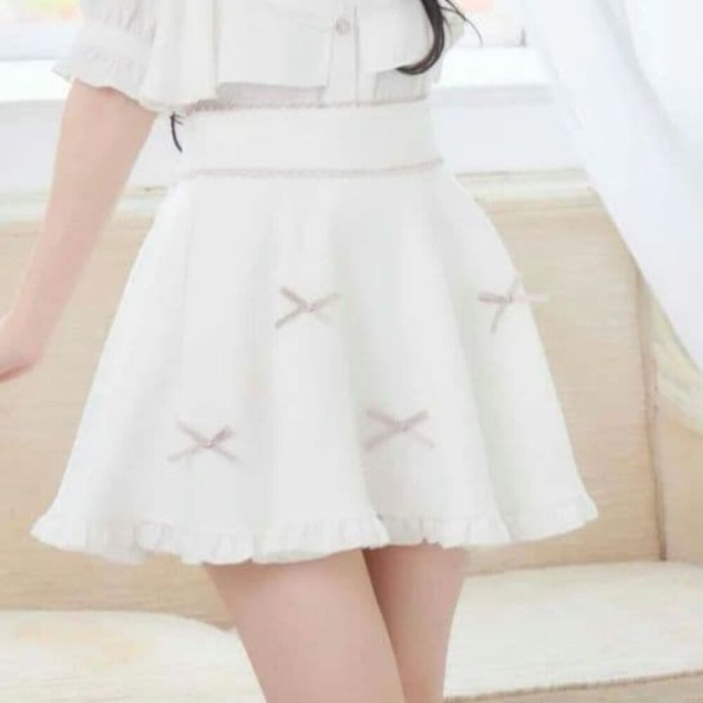Rojita White Ruffle Trim Flare A Line Mini Skirt with Pink Bows